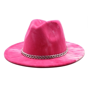 Deep pink wool felt fedora hat with wide brim and silver metal chain decoration