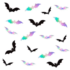 Waterproof PVC bat stickers set in matte black and holographic styles for Halloween decor