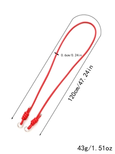 Detail showing 120cm red crossbody phone strap with silver rings and product dimensions