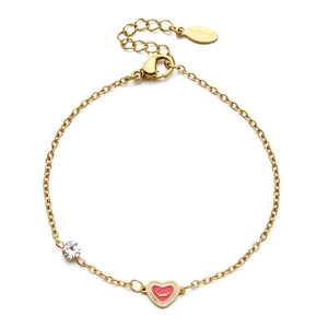 Gold stainless steel chain bracelet with crystal charm and red heart pendant for women