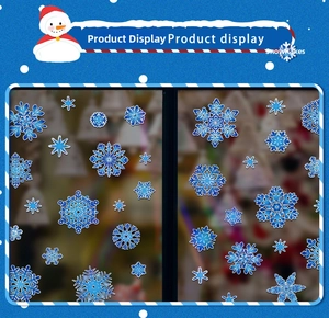 Detail of blue and silver snowflake window decals with double-sided printing for Christmas