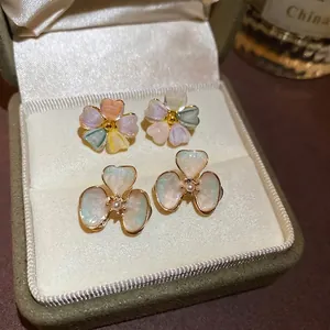 Flower Stud Earrings Alloy 18K Gold Plated Acrylic Colorful Petals With Artificial Pearl Center And Silver Earring Post For Women