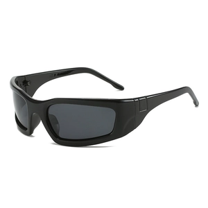 Black wrap-around Y2K cyberpunk sports sunglasses with polarized grey lenses for cycling