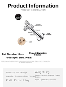 Detailed size guide for G23 titanium labret stud showing 1.2mm gauge and length specs