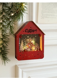 Detailed view of an illuminated wooden Christmas cabin with a warm LED light scene