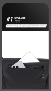 Close-up of waterproof crossbody bag showing multi-layer storage for tablets and phones
