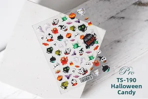 Detailed view of Halloween nail art stickers with 5D cartoon ghosts and pumpkins