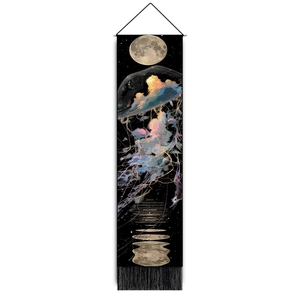 Vertical jellyfish wall tapestry with black tassels and moon illustration for home decor