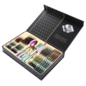 Rainbow polished stainless steel 24-piece cutlery set neatly arranged in a premium black gift box