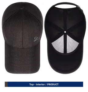 Detail view of the baseball cap's structured top six-panel crown and inner sweatband