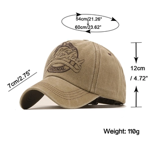 Detail view of khaki baseball cap with dimensions: 54-60cm brim 7cm and height 12cm