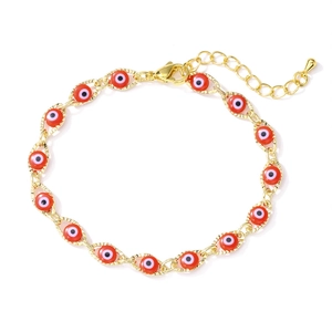 Detailed close-up of gold-plated evil eye bracelet with red enamel beads and lobster clasp