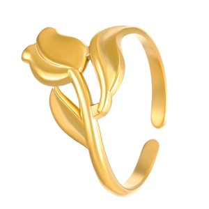 Minimalist gold tulip-shaped open stainless steel ring with elegant floral petal design