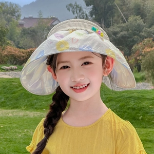 Detail of girls' wide brim sun hat with floral print and breathable mesh knit material