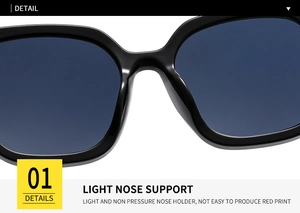 Detail of lightweight nose support on black sunglasses with blue lenses for comfort