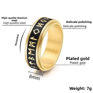 Detail of 8mm rotating titanium steel ring featuring gold plating and Nordic runes