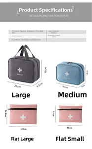 Size chart for portable oxford cloth first aid travel bags showing four specific dimensions