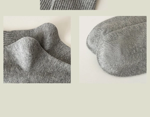Macro detail of grey knitted cotton socks showing reinforced heel and seamless toe stitching