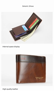 Detail view of brown wood-grain leather men's wallet with multiple card slots and cash pocket