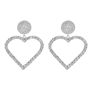 Luxury silver heart-shaped dangle earrings with sparkling crystal rhinestones for women