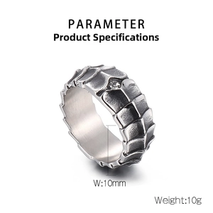 Detail shot of men's stainless steel dragon scale ring with 10mm width and inlaid cubic zirconia