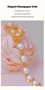 Macro detail of champagne gold quartz watch with elegant white pearls on pink petals