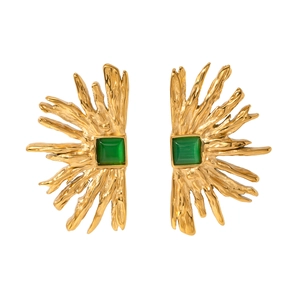 Unique 18k gold plated sun shape stainless steel earrings with green square gemstone