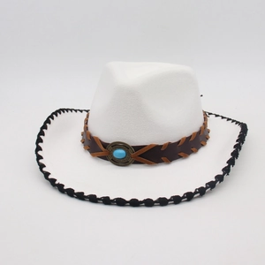 Detailed view of white felt cowboy hat with turquoise stone and ethnic woven band