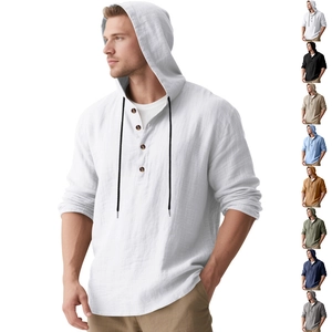 Detail view of cotton linen hooded shirt texture and multi-color selection for men