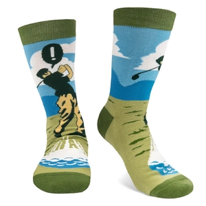Funny golf themed crew socks for couples featuring golfer hitting ball into water on green