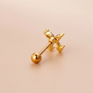 Golden stainless steel bow stud earring with purple zircon and screw back closure