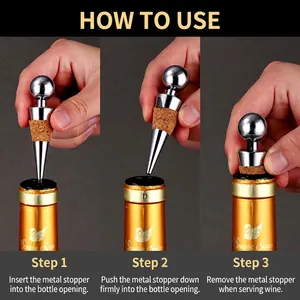 Three-step guide for using a zinc alloy metal wine stopper with cork sealing ring