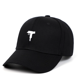 Classic black cotton baseball cap with white AK47 gun embroidery on front panel