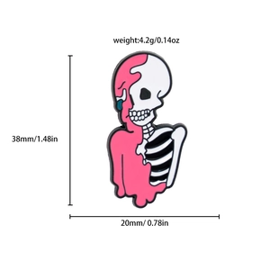 Retro Halloween skeleton enamel pin measuring 38x20mm with pink melting design detail