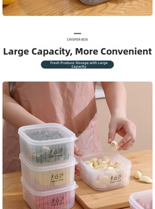 Macro view of clear plastic food storage box with drain lid and vegetable icons