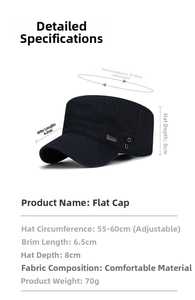 Detailed measurement guide for black cotton flat top cap with size parameters and vents