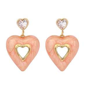 Pink marble heart earrings with gold plating and clear zircon studs for women