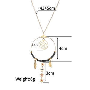Bohemian bead necklace with leaf charms and gold rings, showing 43+5cm length details