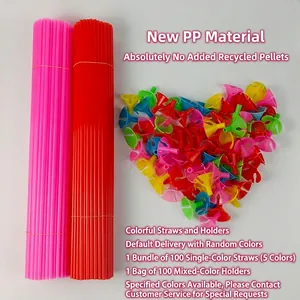Colorful plastic balloon sticks and heart-shaped cup holders in assorted vibrant colors