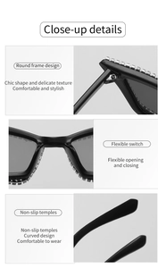 Detail view of rhinestone-studded frame, flexible hinges and anti-slip temples on sunglasses