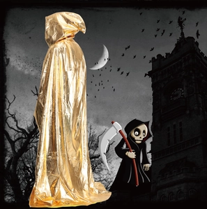 Detailed full-length view of a hooded golden cape for Halloween or cosplay event