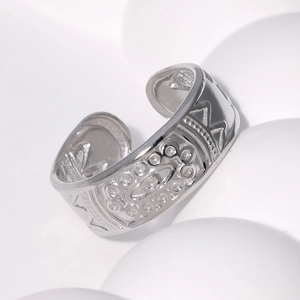 Adjustable wide band stainless steel ring with evil eye engraving and geometric patterns