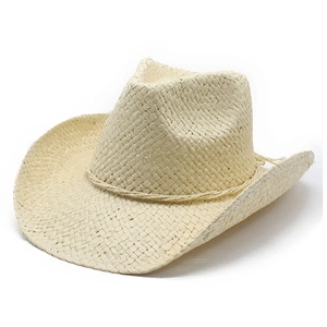 Creamy beige wide-brim cowboy straw hat with classic crown and cord accent for sun protection