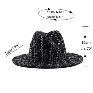 British style houndstooth fedora hat with size chart: 56-58cm head circumference