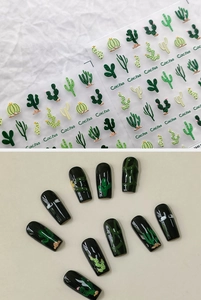 Detail of green cactus self-adhesive nail art stickers with 3D embossed texture