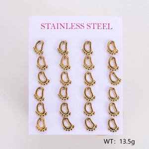Detail view of 12 pairs of golden stainless steel irregular teardrop earrings on a white card