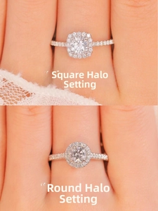 Vue détaillée de bagues avec sertissage halo carré et rond en oxyde de zirconium