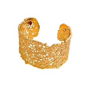 Gold-plated chunky open cuff bracelet with organic textured hollow-out design for women