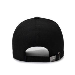 Back view of black baseball cap with adjustable silver metal narason buckle