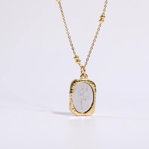 Vintage stainless steel rose pendant necklace with a rectangular 3D flower mirror design